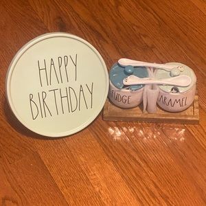 Rae Dunn Happy Birthday Cake Stand & Fudge/Caramel Jars